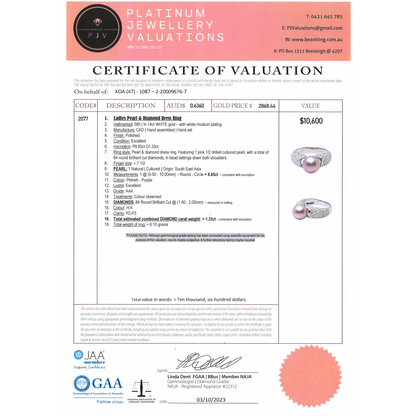 White Gold Pink Cultured South Sea Pearl and Diamond Statement Ring