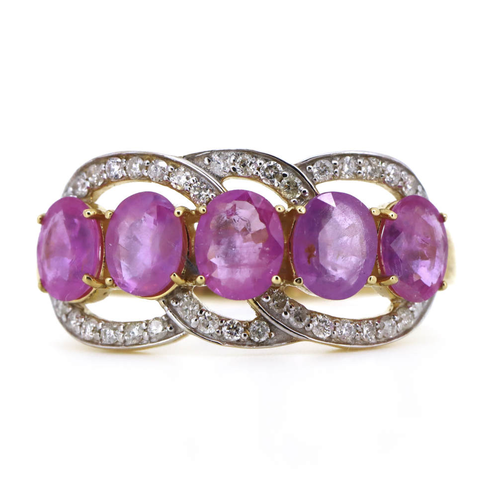 Yellow Gold, Oval shaped Pink Sapphire and Diamond Eternity Ring