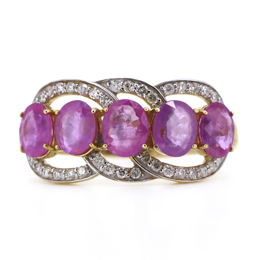 Yellow Gold, Oval shaped Pink Sapphire and Diamond Eternity Ring
