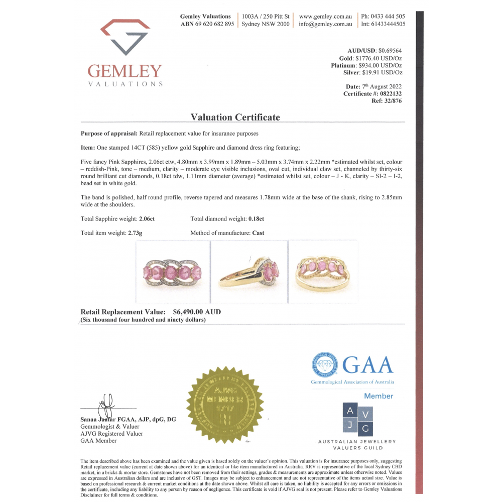 Yellow Gold, Oval shaped Pink Sapphire and Diamond Eternity Ring