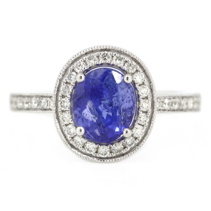 1.59ct White Gold, Tanzanite and Diamond Halo Ring