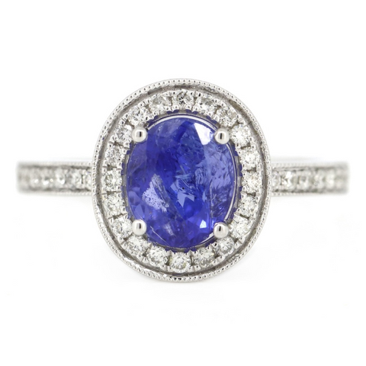 1.59ct White Gold, Tanzanite and Diamond Halo Ring