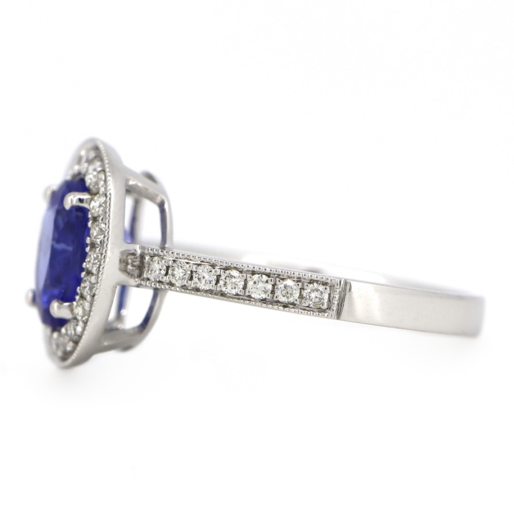 1.59ct White Gold, Tanzanite and Diamond Halo Ring