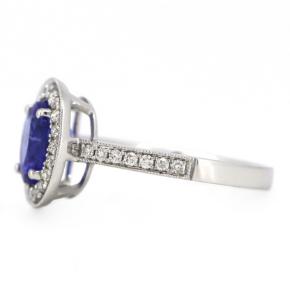 1.59ct White Gold, Tanzanite and Diamond Halo Ring