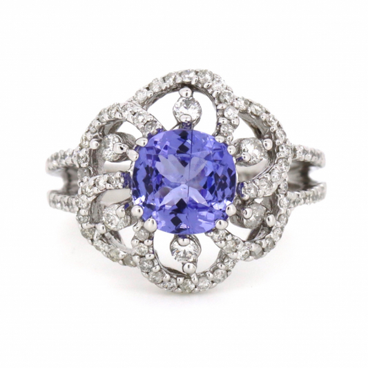 1.53ct White Gold, Tanzanite and Diamond Floral Ring