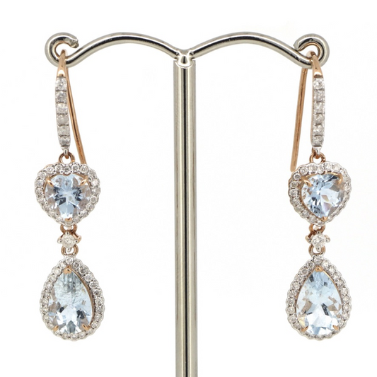Rose/White Gold Aquamarine and Diamond Halo Drop Earrings