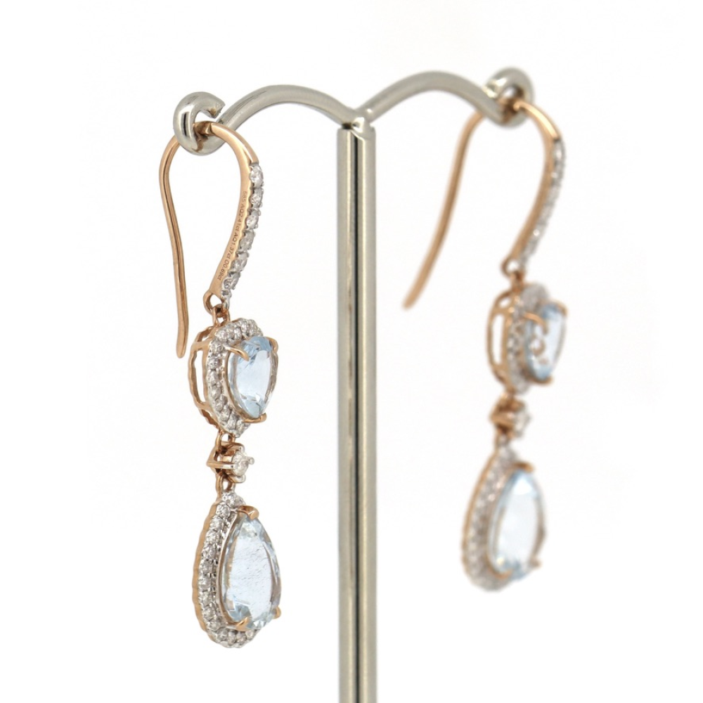 Rose/White Gold Aquamarine and Diamond Halo Drop Earrings