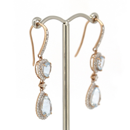 Rose/White Gold Aquamarine and Diamond Halo Drop Earrings