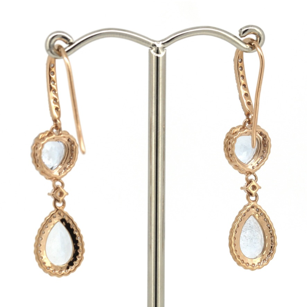 Rose/White Gold Aquamarine and Diamond Halo Drop Earrings