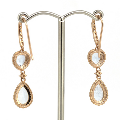 Rose/White Gold Aquamarine and Diamond Halo Drop Earrings