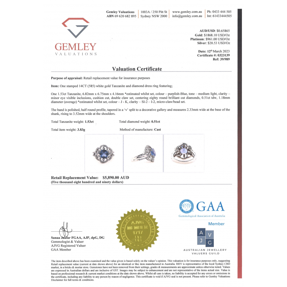 1.53ct White Gold, Tanzanite and Diamond Floral Ring