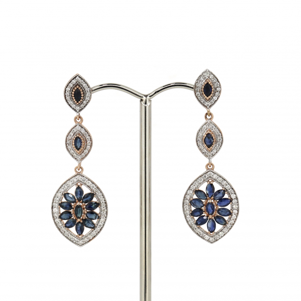 Rose Gold Blue Sapphire and Diamond Decorative Drop Earrings