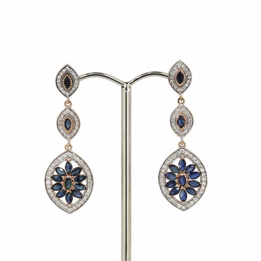 Rose Gold Blue Sapphire and Diamond Decorative Drop Earrings