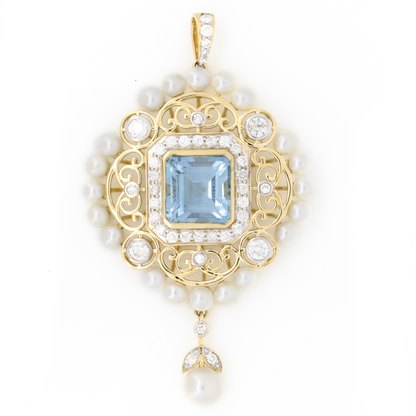 Yellow Gold Aquamarine, Diamond & Pearl Pendant