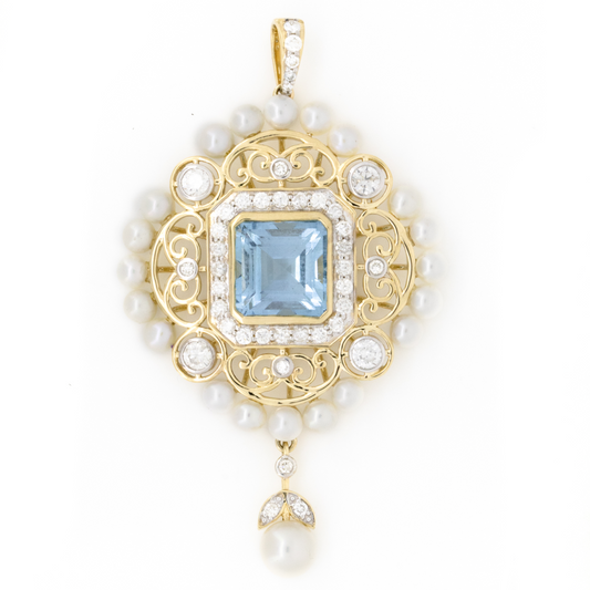 Yellow Gold Aquamarine, Diamond & Pearl Pendant