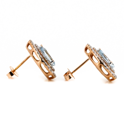 Rose Gold Aquamarine and Diamond Double Halo Stud Earrings