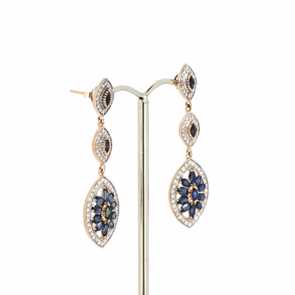 Rose Gold Blue Sapphire and Diamond Decorative Drop Earrings