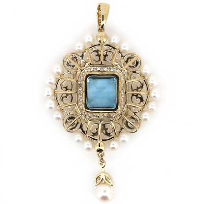 Yellow Gold Aquamarine, Diamond & Pearl Pendant