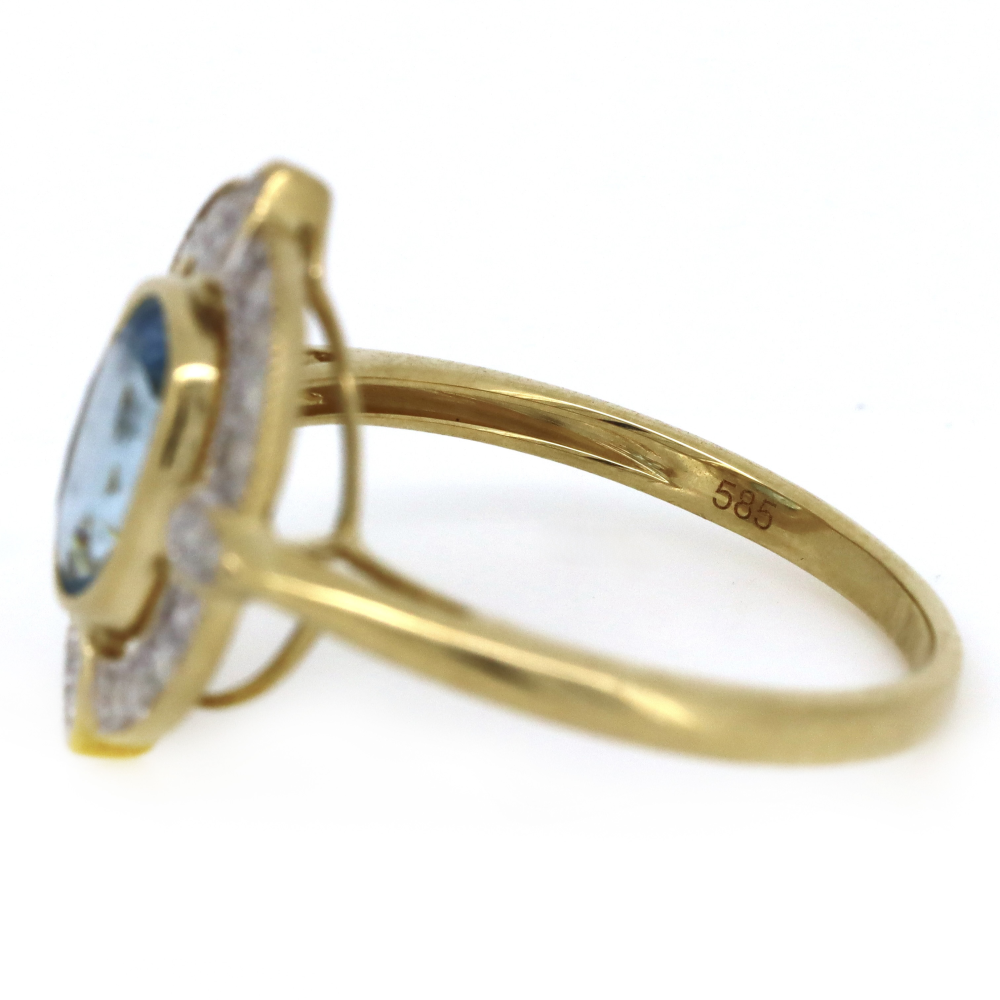 1.06ct Yellow Gold Aquamarine and Diamond Halo Dress Ring