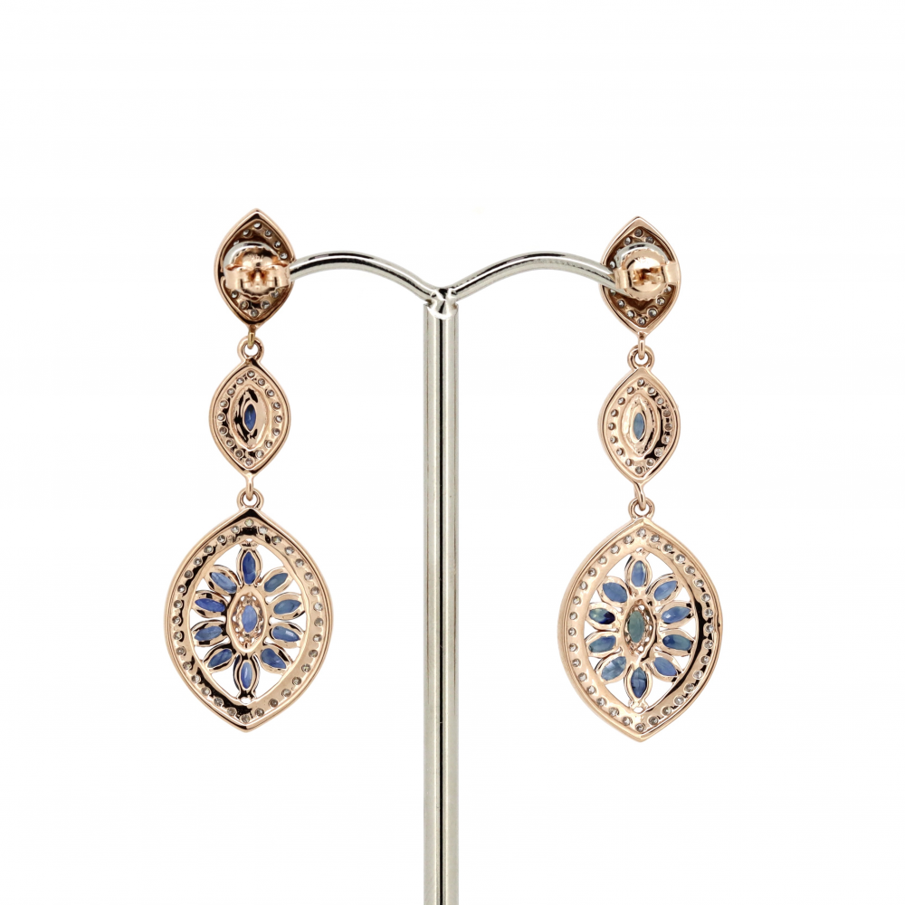 Rose Gold Blue Sapphire and Diamond Decorative Drop Earrings