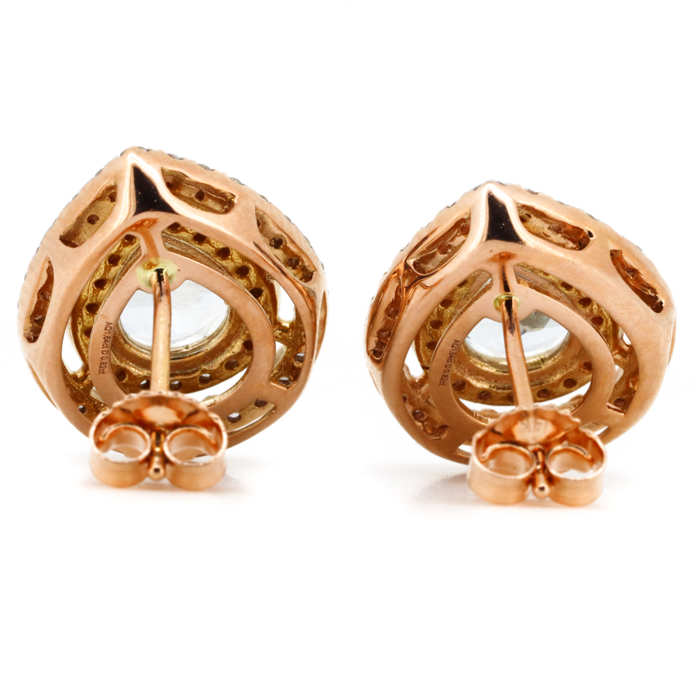 Rose Gold Aquamarine and Diamond Double Halo Stud Earrings