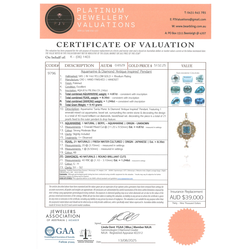 Yellow Gold Aquamarine, Diamond & Pearl Pendant