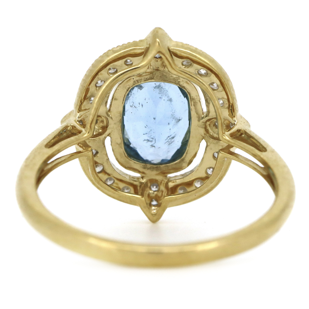 1.06ct Yellow Gold Aquamarine and Diamond Halo Dress Ring