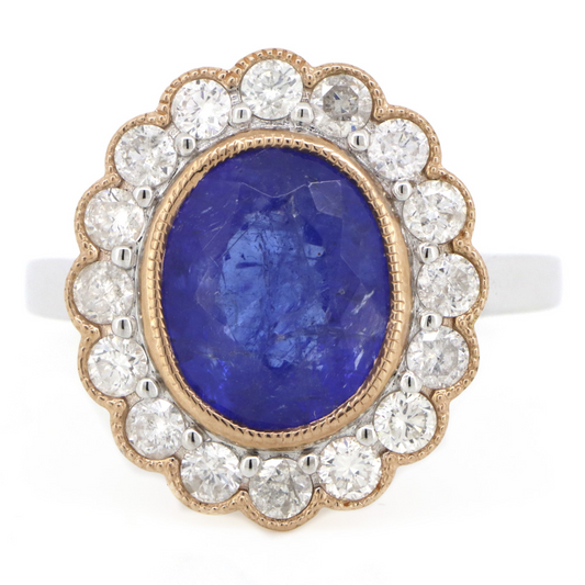 3.12ct White/Rose Gold, Tanzanite and Diamond Scalloped Halo Ring