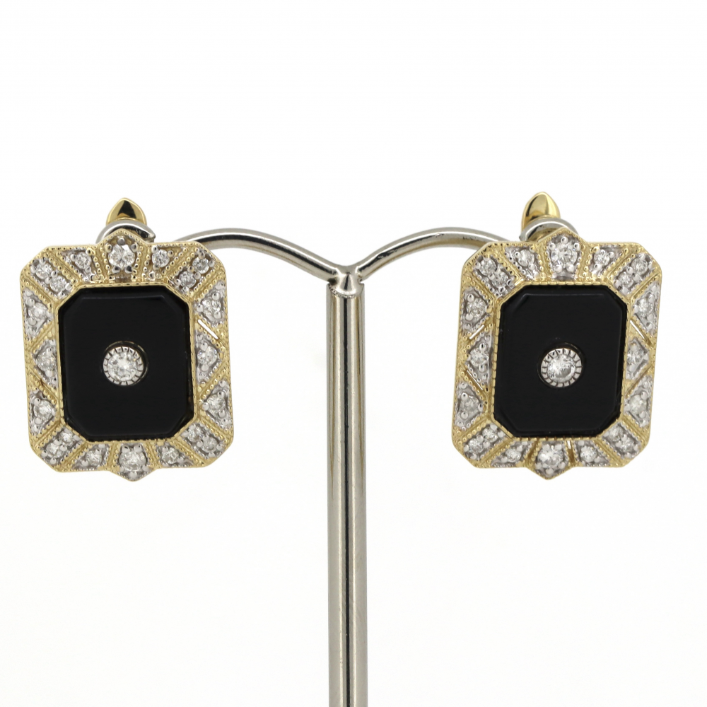 Yellow Gold Onyx & Diamond Huggie Earrings