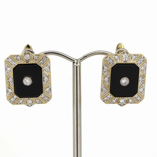 Yellow Gold Onyx & Diamond Huggie Earrings