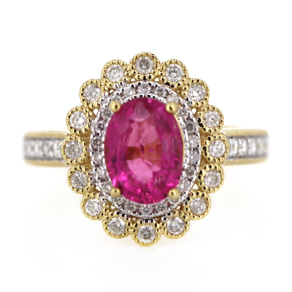 Yellow/White Gold Rubellite Tourmaline and Diamond Double Halo Ring