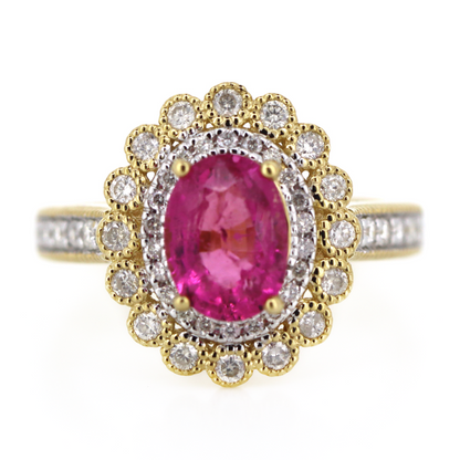 Yellow/White Gold Rubellite Tourmaline and Diamond Double Halo Ring