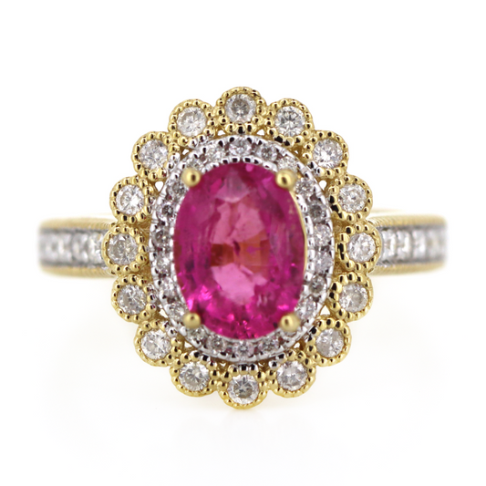 Yellow/White Gold Rubellite Tourmaline and Diamond Double Halo Ring