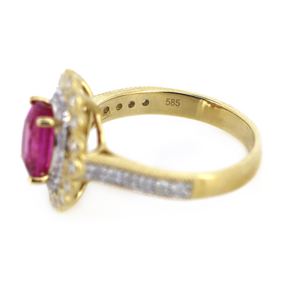 Yellow/White Gold Rubellite Tourmaline and Diamond Double Halo Ring