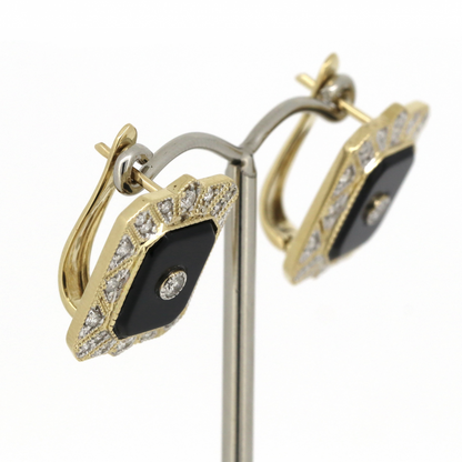 Yellow Gold Onyx & Diamond Huggie Earrings