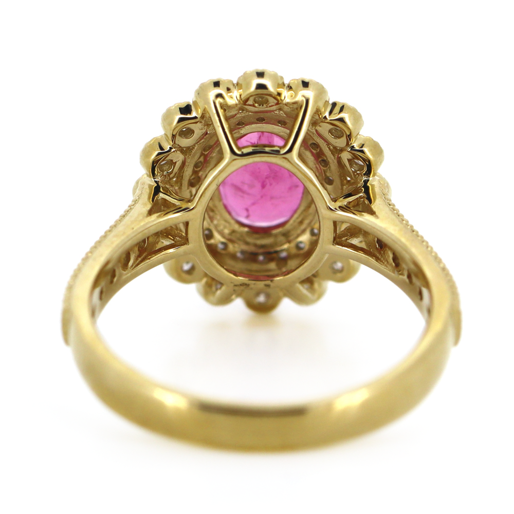 Yellow/White Gold Rubellite Tourmaline and Diamond Double Halo Ring