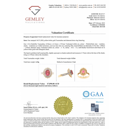 Yellow/White Gold Rubellite Tourmaline and Diamond Double Halo Ring