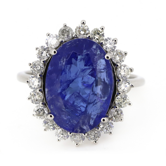 White Gold, 7.44ct Tanzanite and Diamond Halo Statement Ring