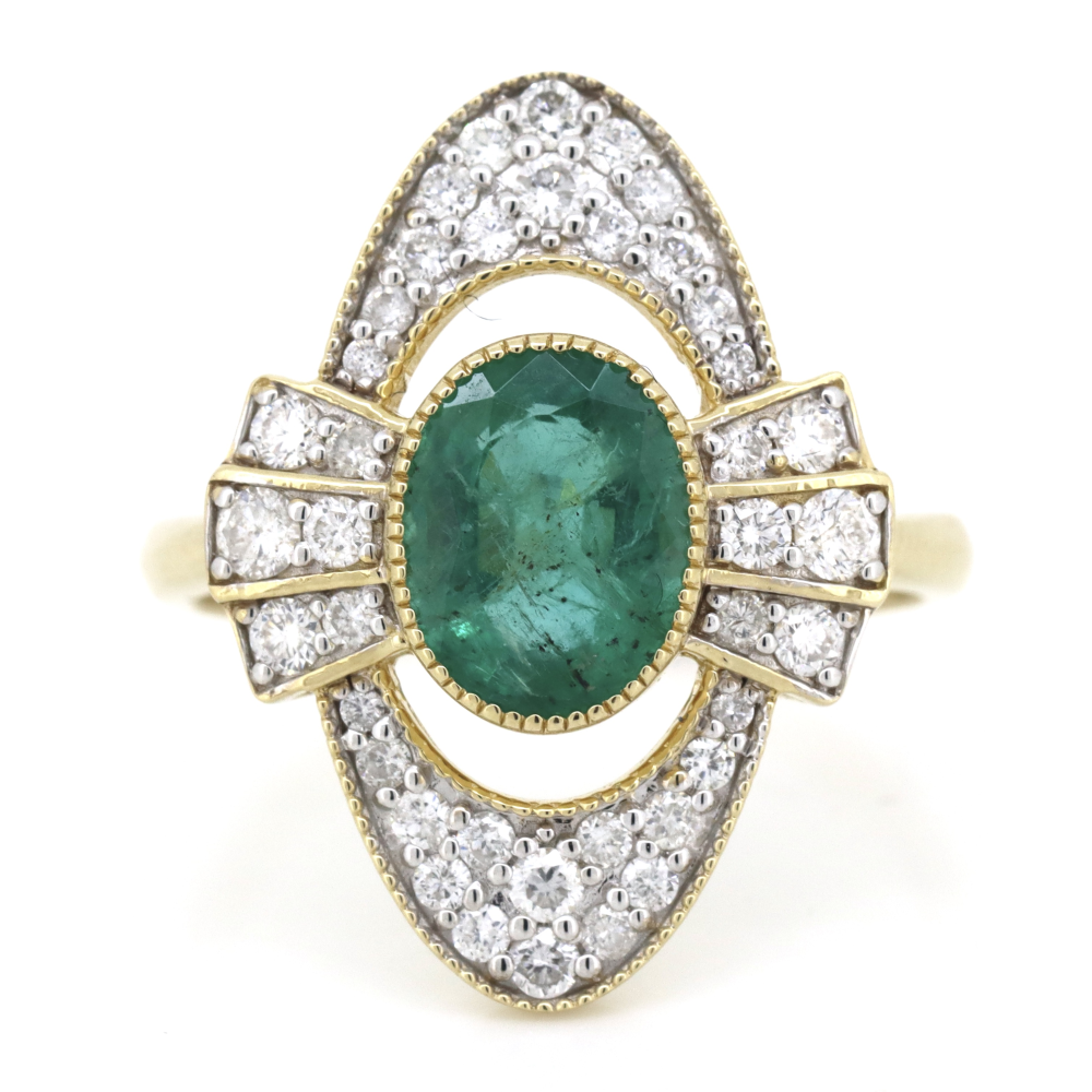 1.66ct Yellow Gold Emerald and Diamond Art Deco Inspired Ring