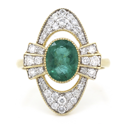 1.66ct Yellow Gold Emerald and Diamond Art Deco Inspired Ring