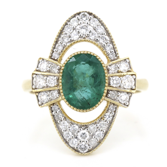 1.66ct Yellow Gold Emerald and Diamond Art Deco Inspired Ring