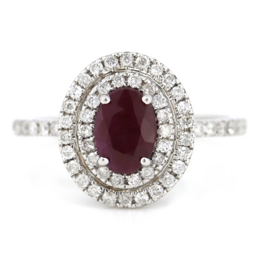1.06ct Oval cut White Gold, Ruby and Diamond Double Halo Ring
