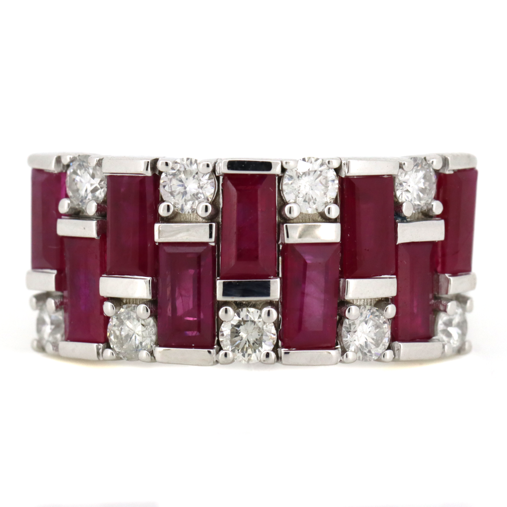 White Gold Ruby & Diamond Checker Style Ring