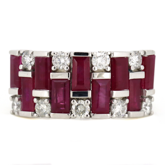 White Gold Ruby & Diamond Checker Style Ring