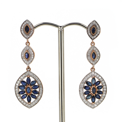 Rose Gold Blue Sapphire and Diamond Decorative Drop Earrings