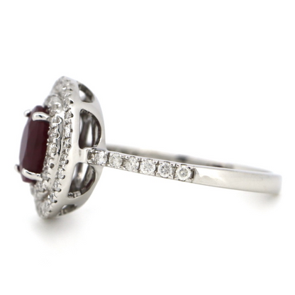 1.06ct Oval cut White Gold, Ruby and Diamond Double Halo Ring