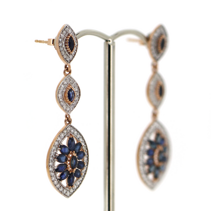Rose Gold Blue Sapphire and Diamond Decorative Drop Earrings