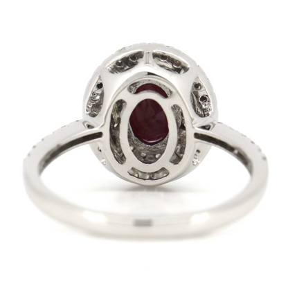 1.06ct Oval cut White Gold, Ruby and Diamond Double Halo Ring