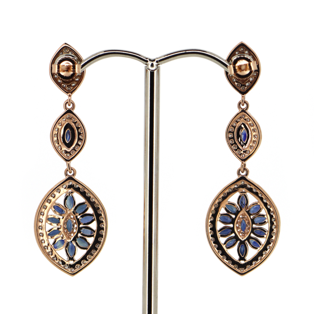 Rose Gold Blue Sapphire and Diamond Decorative Drop Earrings