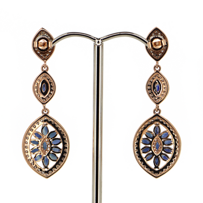 Rose Gold Blue Sapphire and Diamond Decorative Drop Earrings